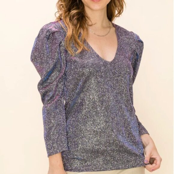 Blue V-Neck blouse Puff sleeve blue silver shimmery top medium - Picture 4 of 10